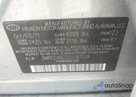 2012 Hyundai Sonata Se z USA, uszkodzony, nr VIN 5NPEC4AC7CH387134